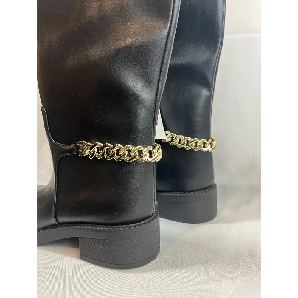 A‎ New Day Womens Black Tall Boots with Gold Chain Detail Size 6.5 Knee High
